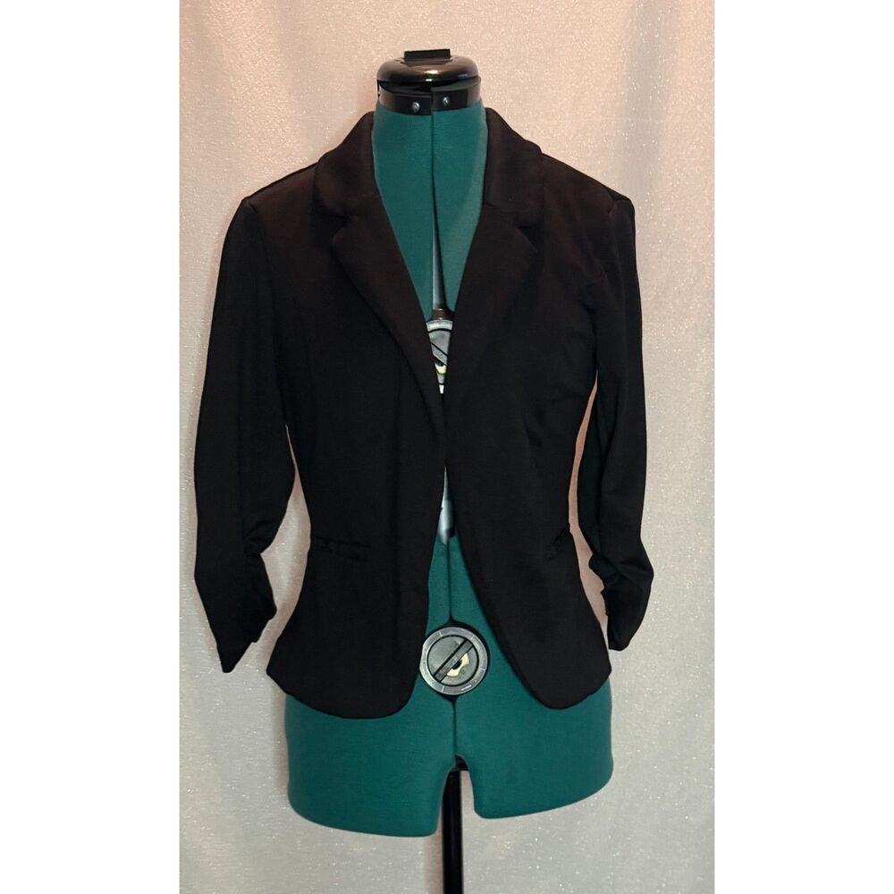 Candie's black casual blazer with notch lapels and ruched three-quarter sleeves
